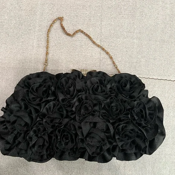 Dellise Noir Elegant Black Rose Floral Clutch Wedding Cocktail - Picture 4 of 6